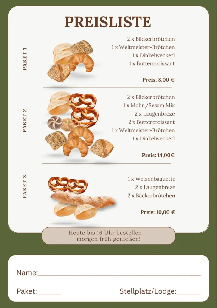 Preisliste mit 3 verschiedenen Optionen für Brötchenpakete mit Bildern von Brezeln,Brötchen und mehr