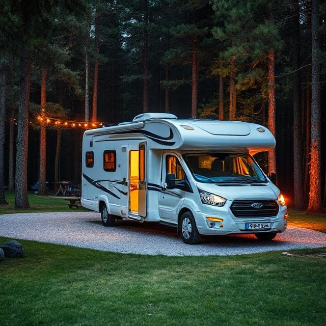 Ein Wohnmobil auf einem Stellplatz in einer Waldlichtung mit Beleuchtung im Wald im Hintergrund