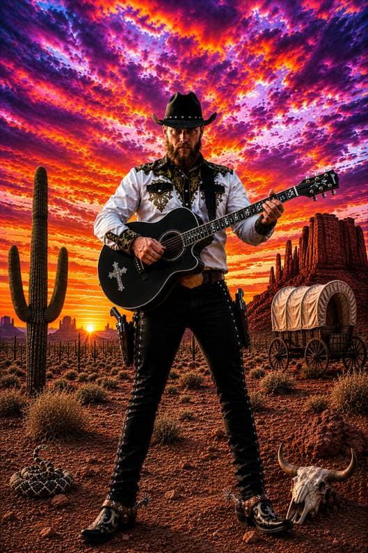 Mann mit Gitarre im Cowboyoutfit vor einer Wester Kulisse