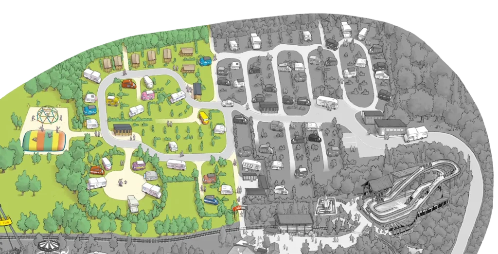 Wimmelbild als Übersicht des Glampingparks, nur der Bereich für die Glamping Area ist farblich, der Rest in graustufen