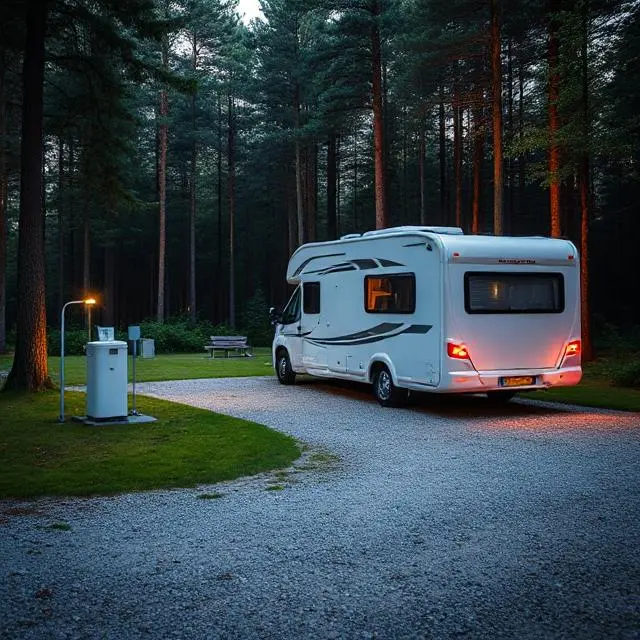 Wohnmobil auf einem geschotterten Stellplatz im Wald mit Stromanschlusssäule