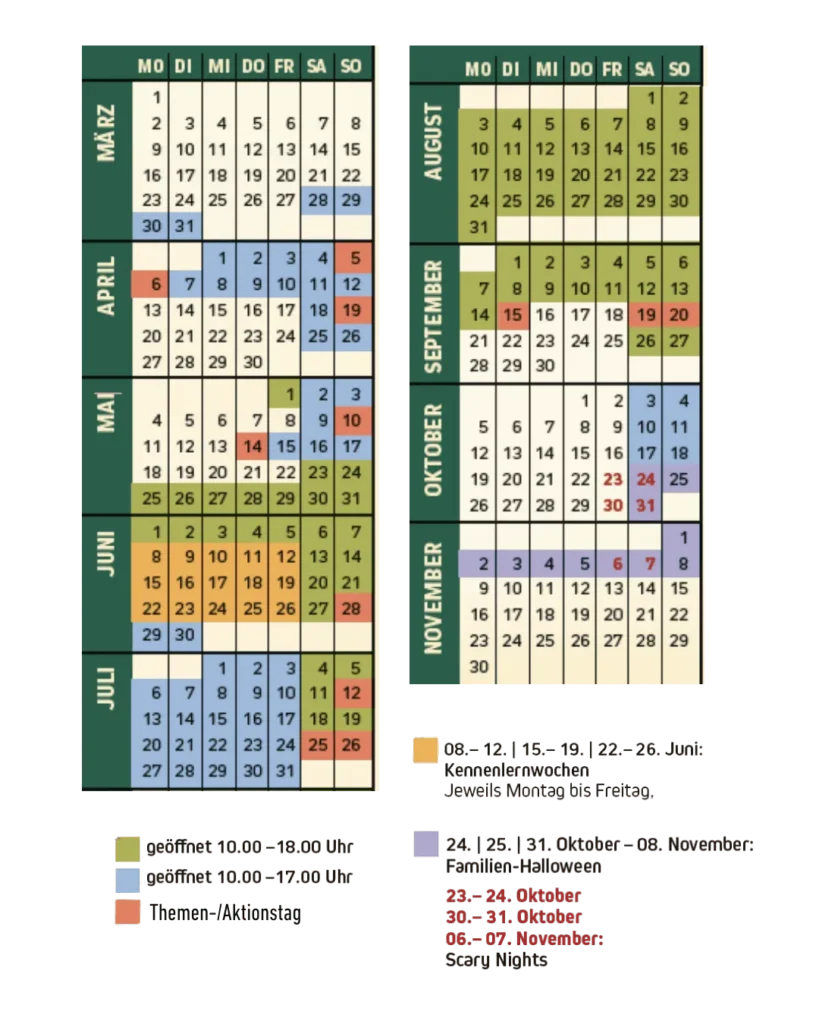 Jahreskalender mit farblichen Hinweisen zu den Öffnungszeiten des Freizeitparks
