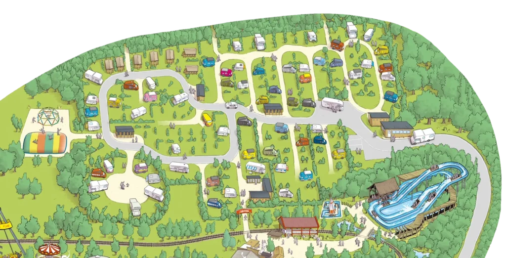 Übersichtsplan vom Glampingpark mit Fahrzeugen und Gebäuden als Wimmelbild