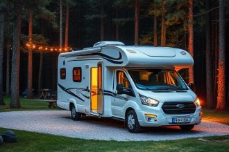 Camping-Park Ein Wohnmobil auf einem Stellplatz in einer Waldlichtung mit Beleuchtung im Wald im Hintergrund