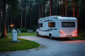 Glamping Wohnmobil auf einem geschotterten Stellplatz im Wald mit Stromanschlusssäule