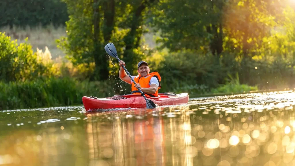 Ein Mann sitzt in einem roten Kayak und paddelt lächelnd über einen Fluss