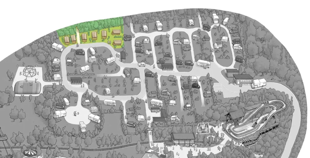 Übersichtsplan des Glampingparks in schwarz weiß - der Bereich der Safari Lodges ist farbig dargestellt