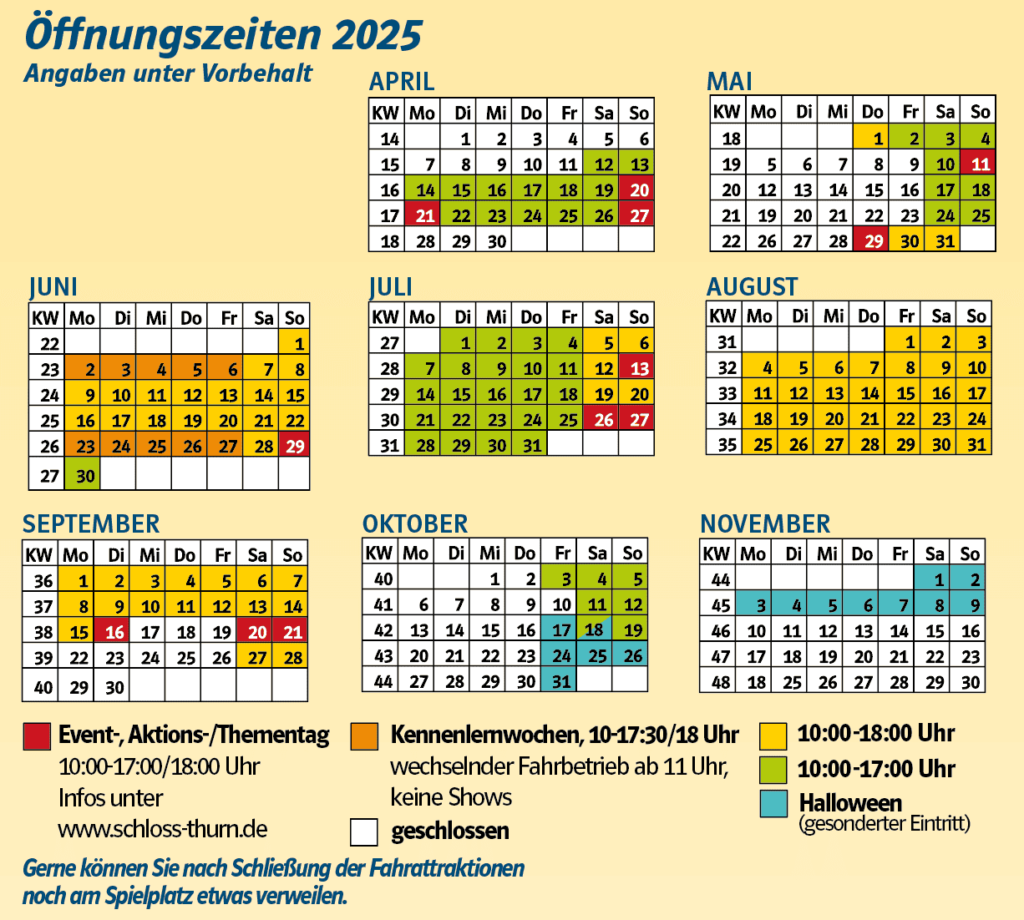 Kalender mit Übersicht der Freizeitpark Öffnungszeiten 2025